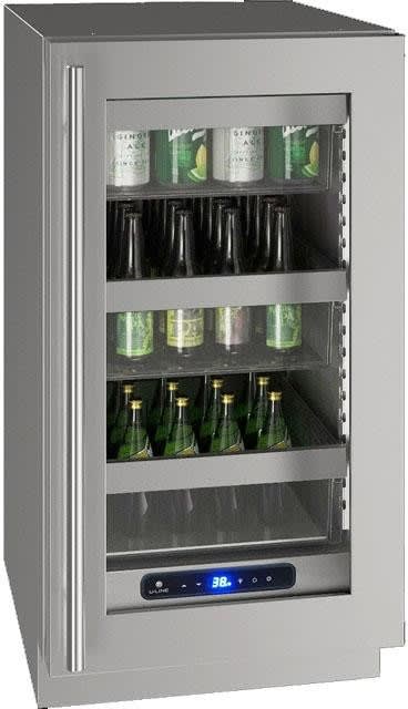 U-Line UHRE518SG01A 18 Inch Undercounter Refrigerator with 61-Bottle Capacity, 100-Can Capacity, LED Lighting, Digital Touch Pad Control, Convection Cooling, Reversible Soft Close Door, Leveling Legs, 3.7 cu. ft. Capacity and Star K Certified: Stainless Steel, Reversible Hinge