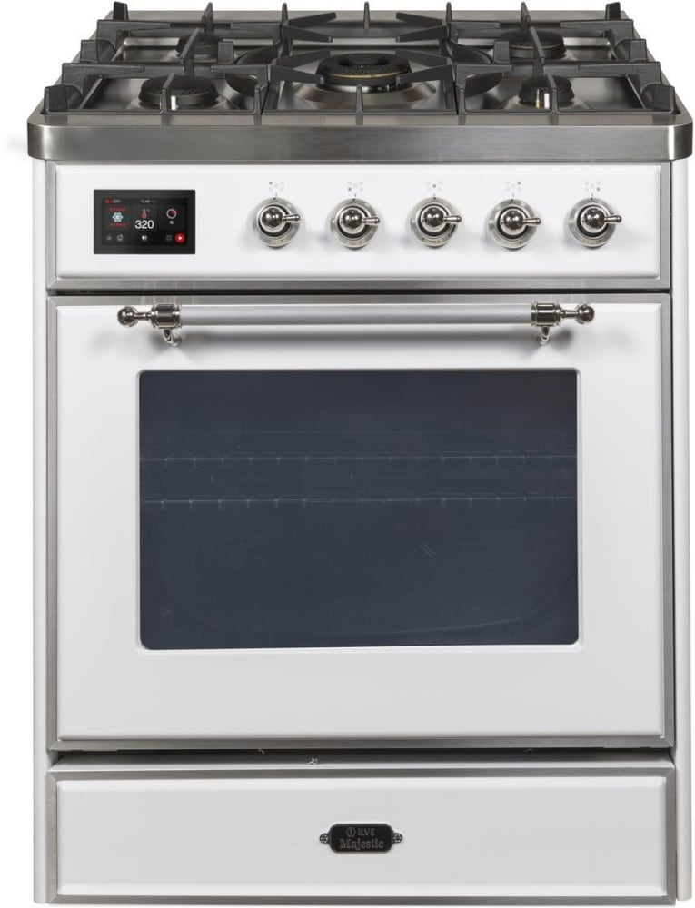 Ilve UM30DNE3WHC 30 Inch Freestanding Dual Fuel Range with 5 Sealed Burners, 4 cu. ft. Oven