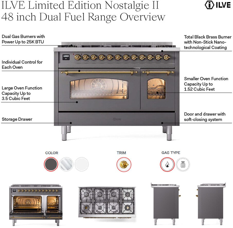 Ilve UP488NMPWHG 48 Inch Freestanding Dual Fuel Range with 8