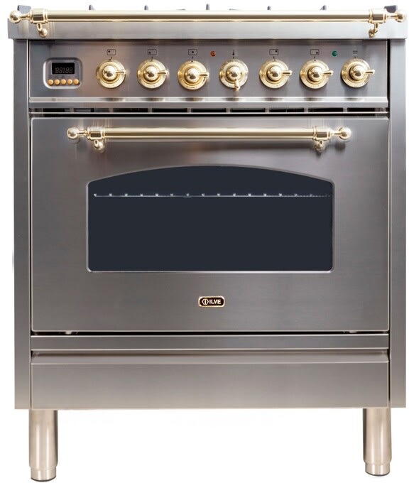 Ilve UPN76DMPILP 30 Inch Freestanding Dual Fuel Range with 5 Sealed Burners, 2.7 Cu. Ft. Oven Capacity, Storage Drawer, Self-Clean Optional, True European Convection, and Dual Functions Triple Ring Burner: Stainless Steel/Brass Trim - LP