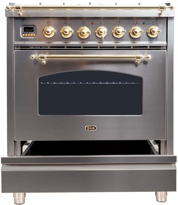 Ilve UPN76DMPILP 30 Inch Freestanding Dual Fuel Range with 5 Sealed Burners, 2.7 Cu. Ft. Oven Capacity, Storage Drawer, Self-Clean Optional, True European Convection, and Dual Functions Triple Ring Burner: Stainless Steel/Brass Trim - LP