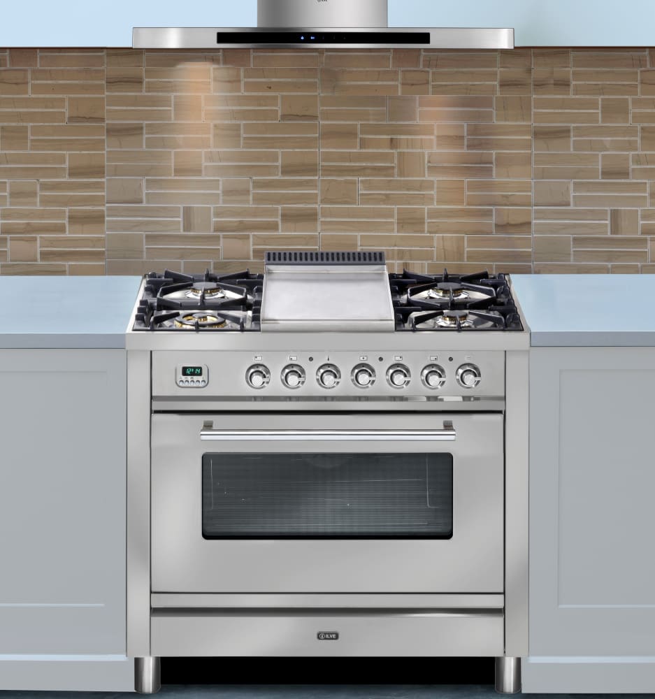 Ilve UPW90FDMPM 36 Inch Dual Fuel Range With 5 Burners, Digital Clock