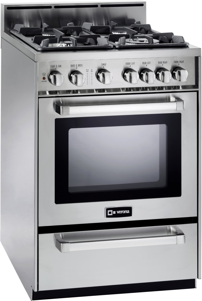 Verona VEFSGG244NSS 24 Inch Pro-Style Gas Range with 2.5 cu. ft. Convection Oven, 4 Sealed Burners, Infrared Broiler, EZ Clean Porcelain Interior, 2 Heavy Duty Racks, Bell Timer and Full Width Storage Drawer: Stainless Steel, Natural Gas