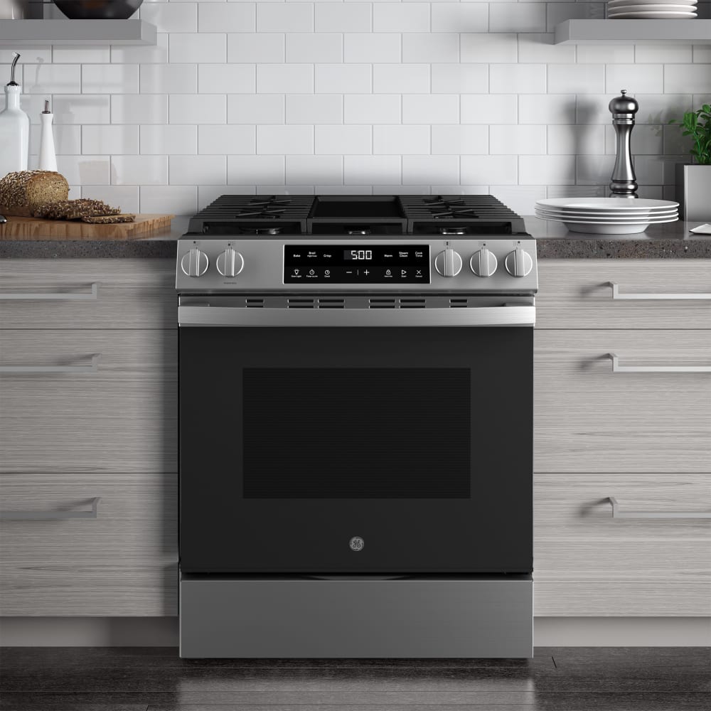 GE GGS500SVSS 30 Inch SlideIn Gas Range with 5 Sealed Burners, 5.3 cu