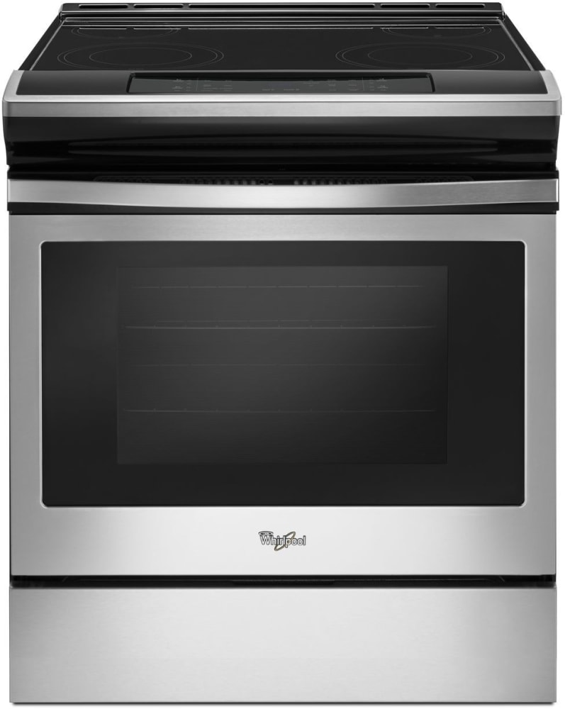 Whirlpool WEE510SAGS 30 Inch Slide-In Electric Range with 4 Element Burners, 4.8 Cu. Ft. Oven Capacity, Self-Cleaning, Frozen Bake™ Technology, Temperature Sensor, FlexHeat™ Dual Radiant Elements, ADA Compliant, and Star-K Certified: Black-on-Stainless