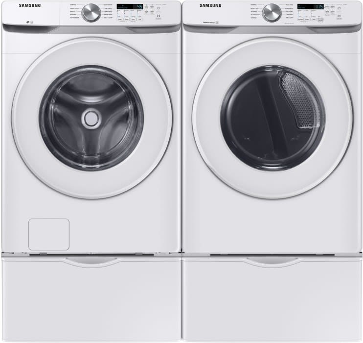Samsung SAWADRGW60003 Side by Side on Storage Drawer Pedestal Washer Dryer Set with Front Load Washer and Gas Dryer in White