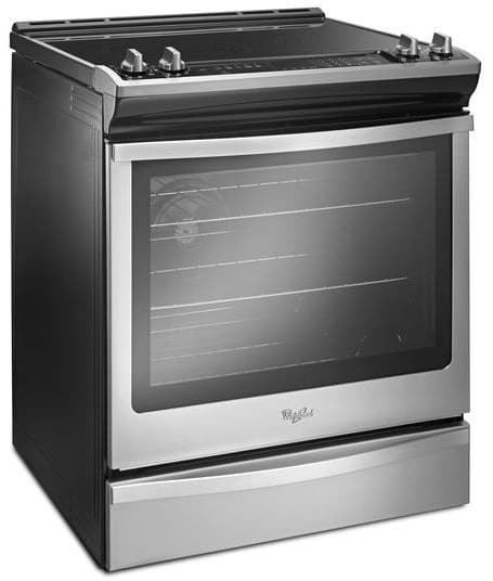 Whirlpool WEE745H0FS 30 Inch Slide-In Electric Range with 5 Radiant Elements, 6.4 cu. ft. Convection Oven, Frozen Bake Technology, AquaLift Self Clean, Storage Drawer, FlexHeat Triple Radiant Element, and Rapid Preheat: Black-on-Stainless