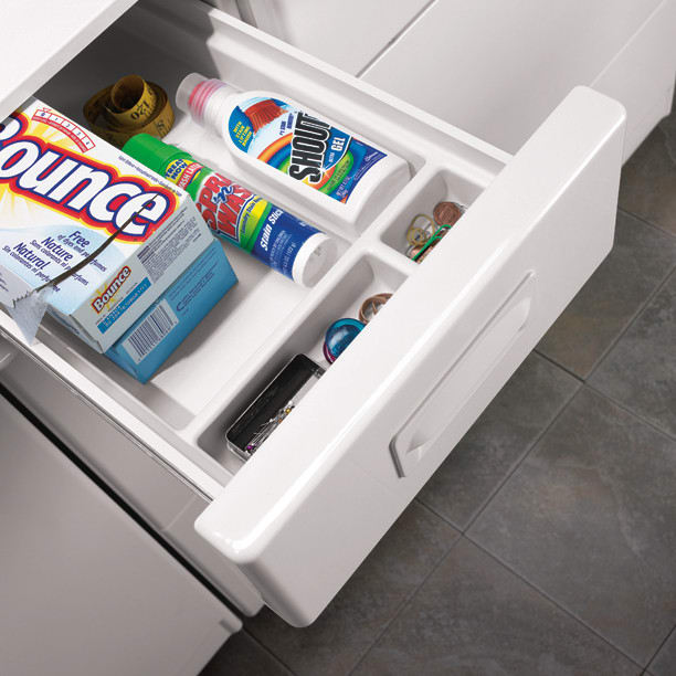 It includes several drawers and glassed shelves. Whirlpool WVP5000SQ Laundry Tower for Classic Laundry Units