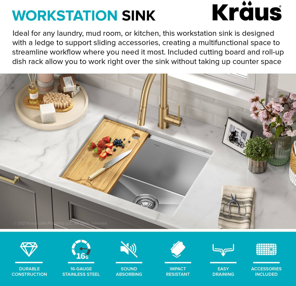 Kraus KWU10023L 23 Inch Kore™ Undermount Workstation Single Bowl Laundry  Utility Kitchen Sink with 5-Piece Chef's Kit, TRU16 Gauge Stainless Steel,  Built-In Ledge, Off-Set Drain, Rust-Resistant Finish, and NoiseDefend™  Technology