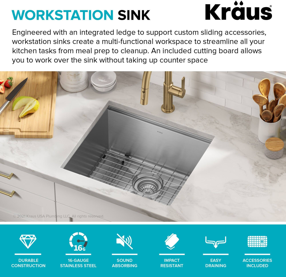 Kraus KWU11121 21 Inch Kore™ Undermount Workstation Single Bowl Kitchen Sink  with 4-Piece Sink Kit, TRU16 Gauge Stainless Steel, Off-Set Drain,  Rust-Resistant Finish, and NoiseDefend™ Technology