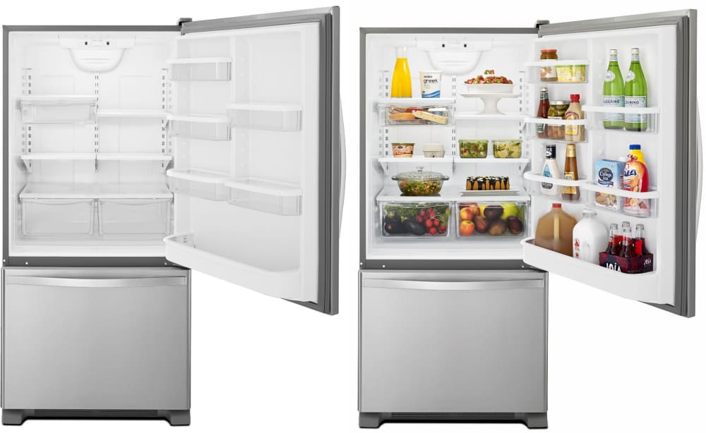 Whirlpool WRB322DMBM 33 Inch Bottom-Freezer Refrigerator with FreshFlow Preserver, Accu-Chill System, Adaptive Defrost, SpillGuard Glass Shelves, Humidity Controlled Crispers, LED Lighting, Ice Maker and Energy Star Rated: Stainless Steel