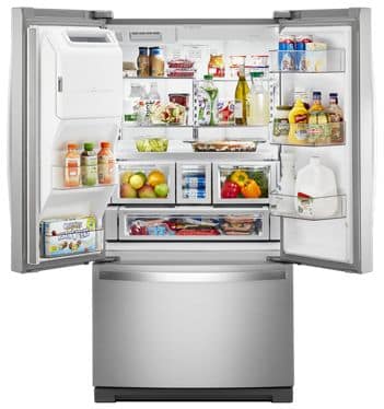 Whirlpool WRF767SDHZ 36 Inch French Door Refrigerator with Dual Icemakers, In-Door-Ice® Storage, Exterior Ice/Water Dispenser, Pizza Pocket, Platter Pocket, EveryDrop® Filtration, Adjustable Gallon Door Bins, Two-Tier Freezer Storage, Spill-Proof Glass Shelves, Deli Drawer, Humidity-Controlled Crispers, LED Lighting, Fingerprint Resistant, 26.8 cu. ft. Total Capacity and ENERGY STAR®: Stainless Steel