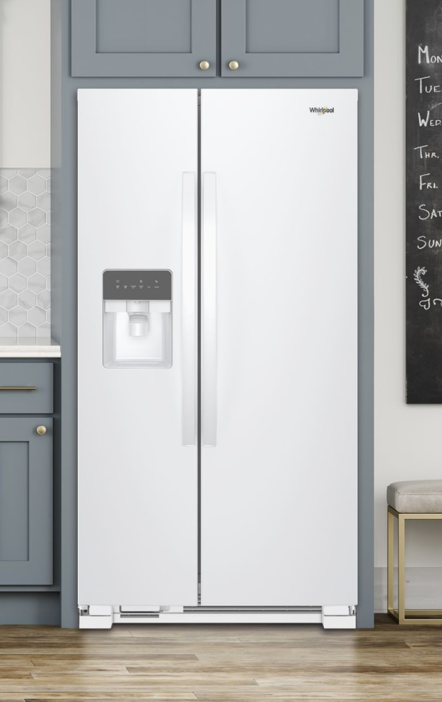 Whirlpool Wrs331sdhw 33 Inch Side By Side Refrigerator With External Dispenser Dairy Center Humidity Controlled Crisper Adjustable Gallon Bins Led Interior Lighting Frameless Glass Shelves Tap Touch Controls Factory Installed Ice Maker Adaptive