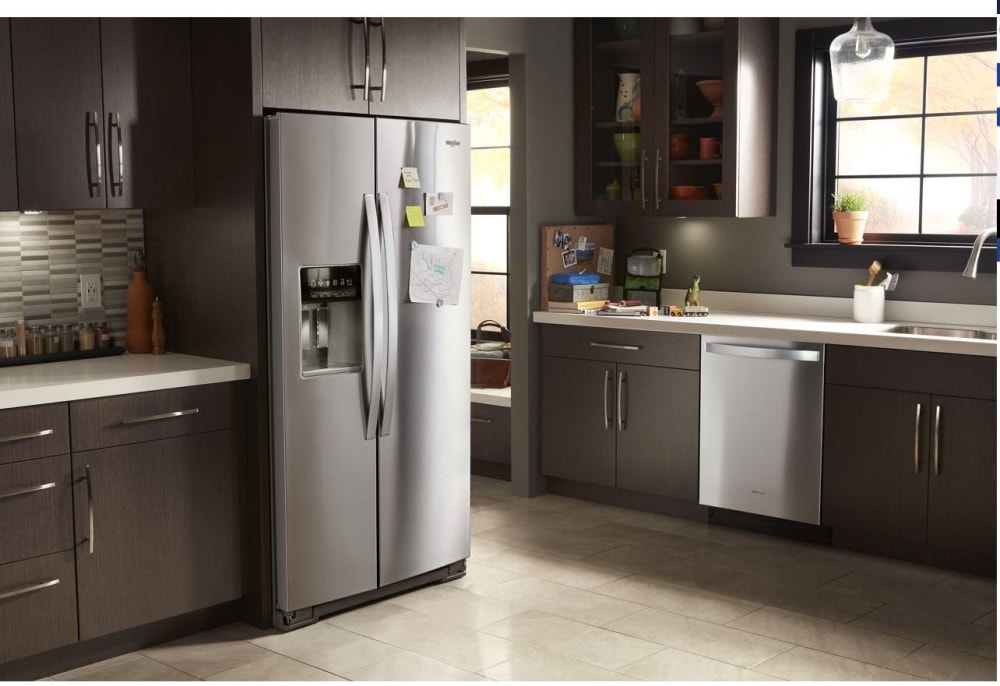Whirlpool WRS970CIHZ 36 Inch Counter Depth Side by Side Refrigerator with 20 cu. ft. Capacity, External Water/Ice Dispenser, In-Door-Ice® System, Frameless Adjustable Glass Shelves, Adjustable Gallon Door Bins, Adaptive Defrost, and ADA Height & Side Reach Compliant