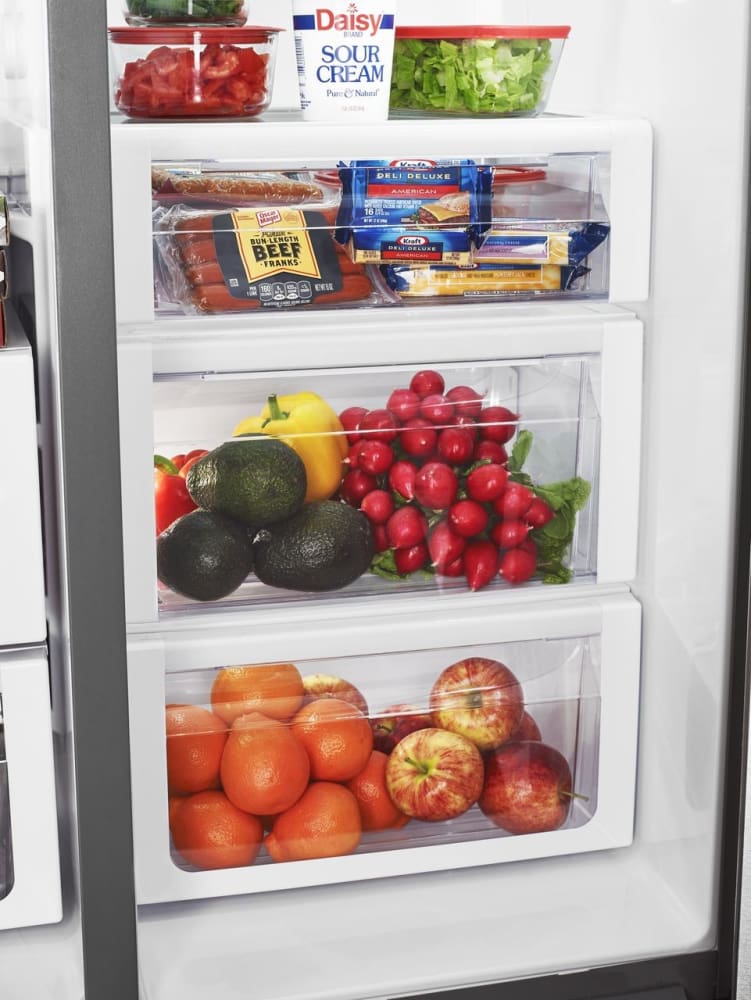 Whirlpool WRS973CIHZ 36 Inch Side-by-Side Refrigerator with 22.7 cu. ft. Capacity, 4 Spill-Proof MicroEdge Glass Shelves, Gallon Storage, Produce Crisper, StoreRight System, FreshFlow Air Filter, EveryDrop Water Filter, In-Door-Ice Storage and External Water, Ice Dispenser and ADA Height & Side Reach Compliant: Fingerprint Resistant Stainless Steel