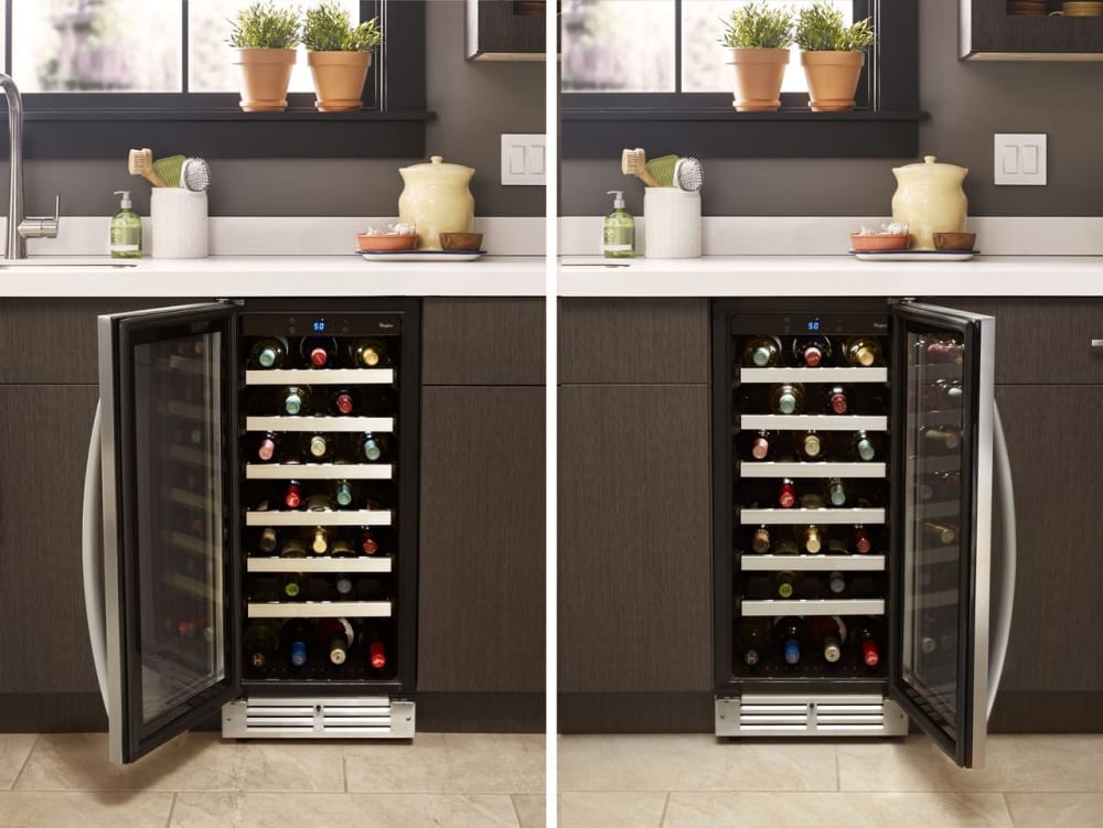 Whirlpool WUW55X15HS 15 Inch Under Counter Wine Center with 34-Bottle  Capacity, LED Interior Lighting, Reversible Glass Door, 6 Shelves and  Single Zone Temperature Storage