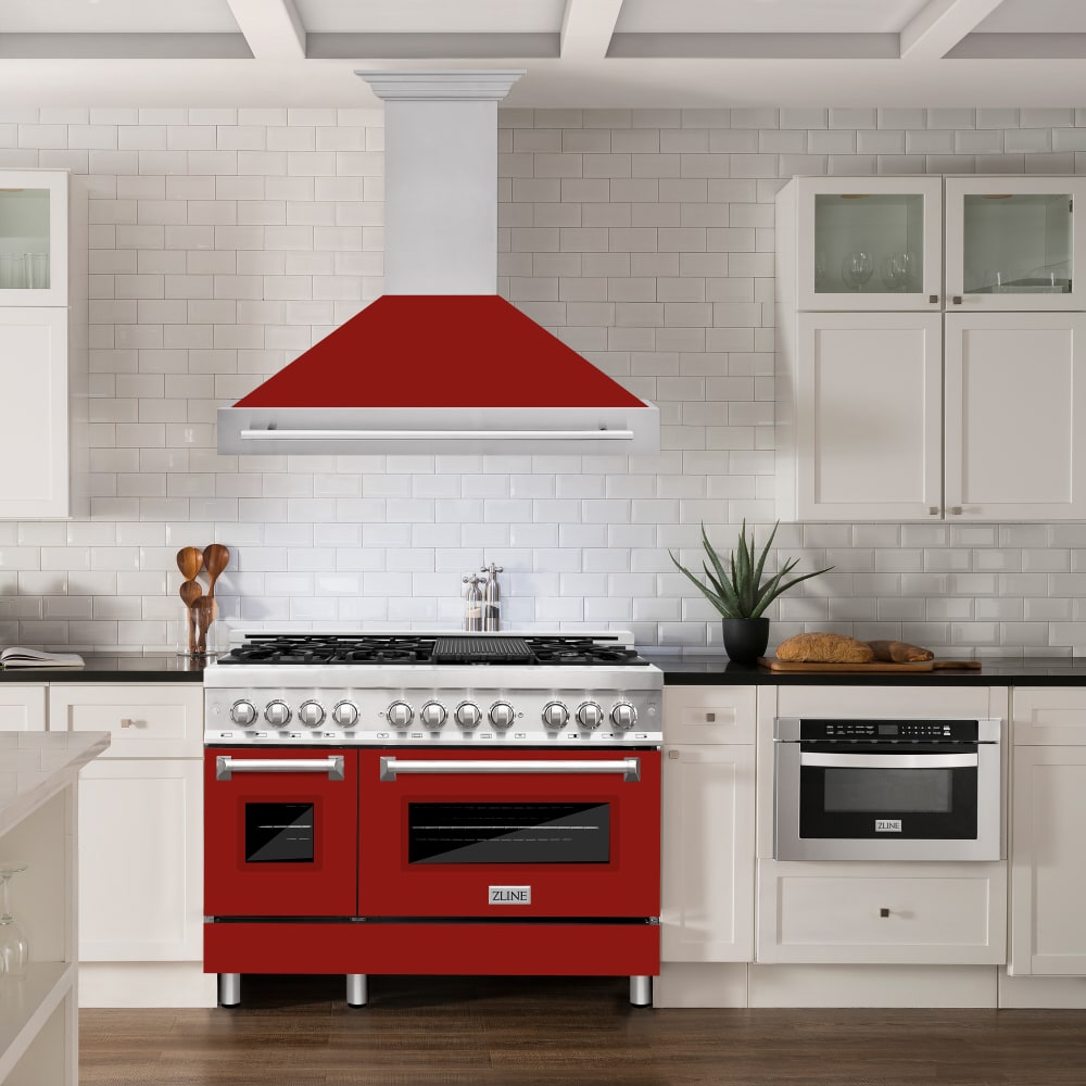 ZLINE 8654STXRG48 48 Inch Wall Mount Chimney Hood with 700 CFM Internal Blower Speed Timer Panel with LCD 3 Minute Auto Timer and LED Lighting Red Gloss Shell