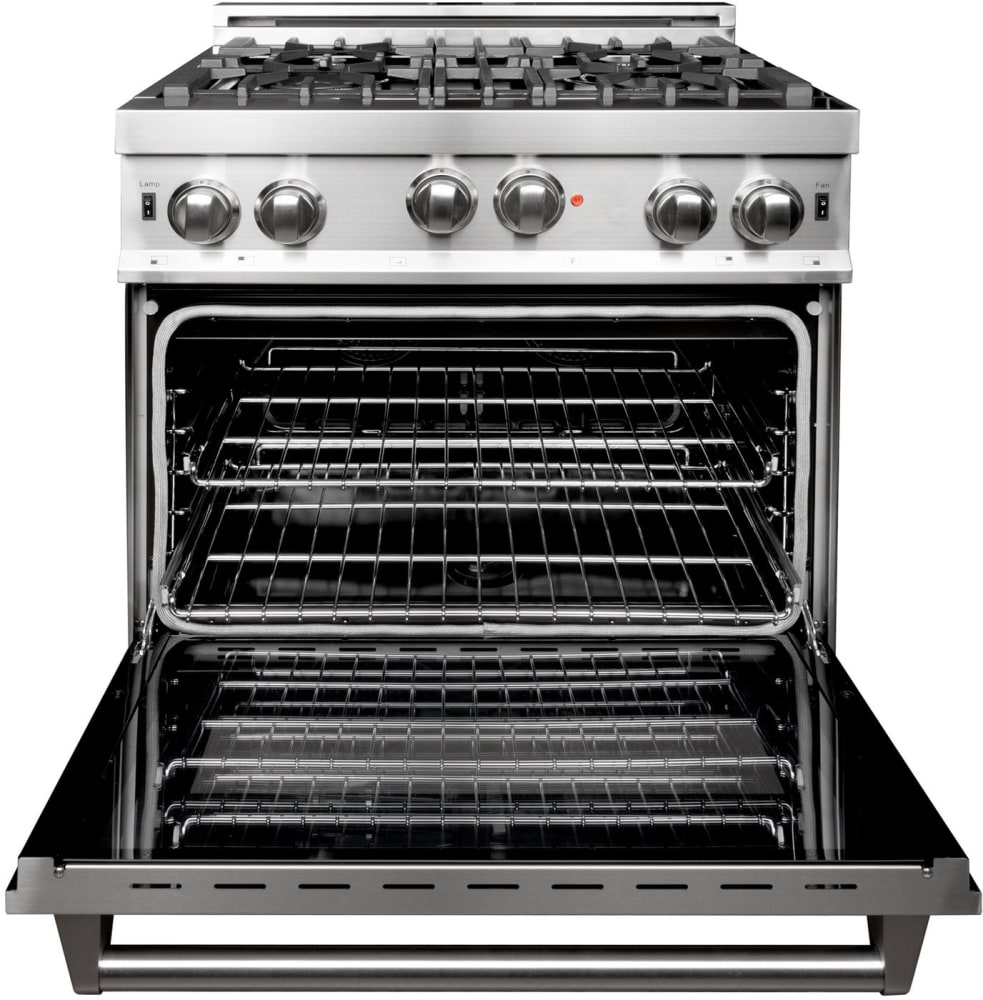 ZLINE RG30 30 Inch Gas Range with 4 Italian Burners, Porcelain Cooktop, Cast Iron Grill, 4.0 cu. ft. Oven, Dual Oven Lights, Adjustable Legs, Stay-Put Hinges, 304 Grade Stainless Steel and Triple Layer Glass