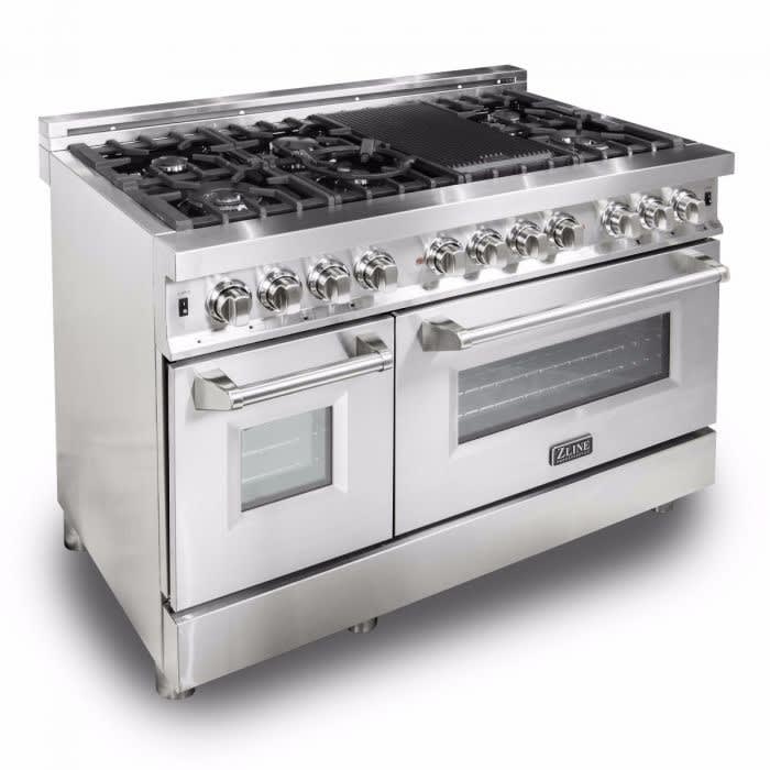 ZLINE RA48 48 Inch Freestanding Professional Dual Fuel Range with 6 Sealed Burners, Double Oven, 6 Cu. Ft. Total Capacity, Continuous Grates, Cast Iron Grill, Convection Oven, Adjustable Legs, and Stay-Put Hinges: Stainless Steel