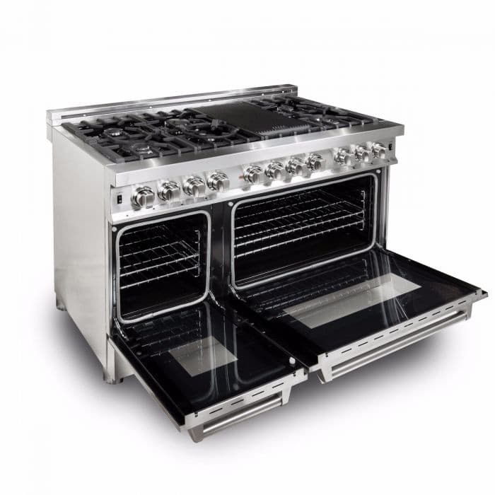 ZLINE RA48 48 Inch Freestanding Professional Dual Fuel Range with 6 Sealed Burners, Double Oven, 6 Cu. Ft. Total Capacity, Continuous Grates, Cast Iron Grill, Convection Oven, Adjustable Legs, and Stay-Put Hinges: Stainless Steel