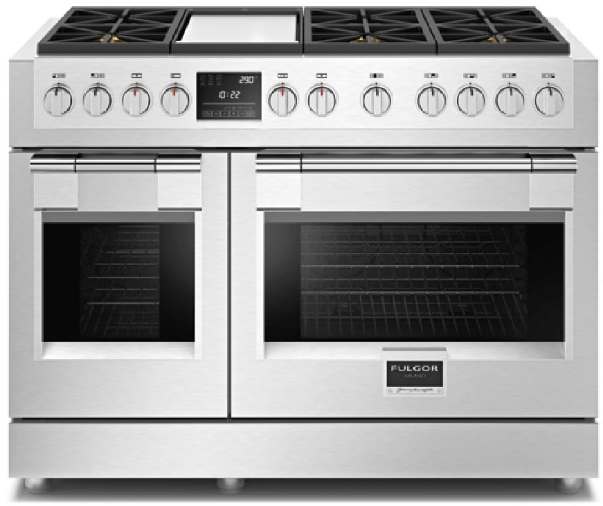 Fulgor Milano F6PDF486GS1 48 Inch Dual Fuel Professional Range with 6 Dual Flame Burners, 6.5 Cu. Ft. Total Capacity, Continuous Cast Iron Grates, Stainless Steel Griddle, Double Oven, Halogen Lighting, Meat Probe, True Convection, Sabbath Mode, Chromed Racks and 1 Telescopic Rack (per oven)