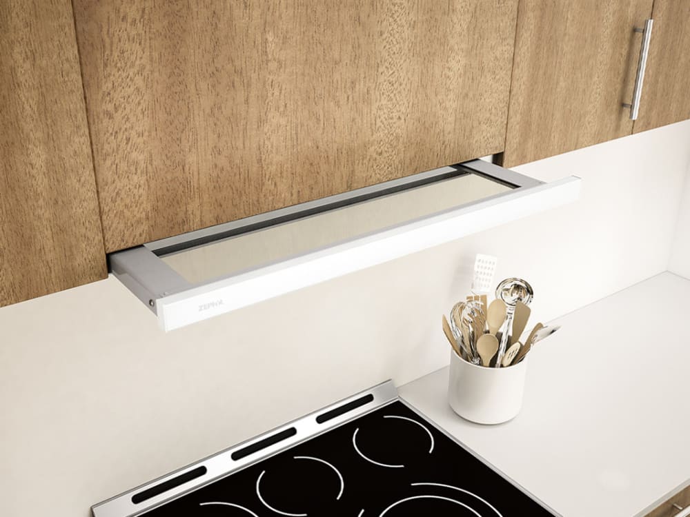 Zephyr ZPIE30AW290 30 Inch Under Cabinet Range Hood with 3-Speed/290 CFM  Blower, Mechanical Slide Controls, Halogen Lighting, Aluminum Mesh Filters,  Low-Profile Body, Multiple Color Options, and UL Listed: White Trim with  Glass