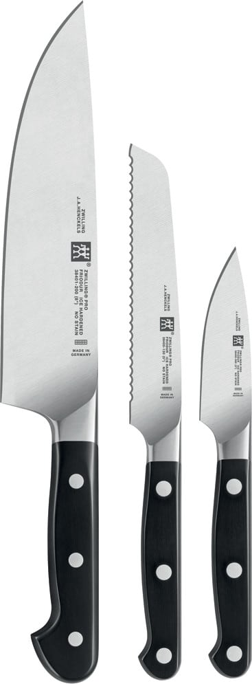 Zwilling J A Henckels 38430008 Pro 3 Piece Starter Knife Set With Curved Bolsters High Carbon Stainless Steel Ice Hardened Blades Pom Handles 8 Chef S Knife 5 Serrated Utility Knife 3 Paring Knife Hand Wash Only