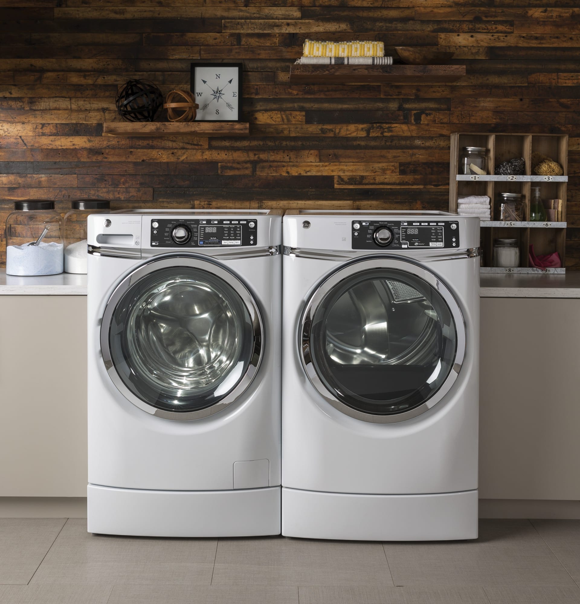 GE GEWADREW91 SidebySide Washer & Dryer Set with Front Load Washer and Electric Dryer in White