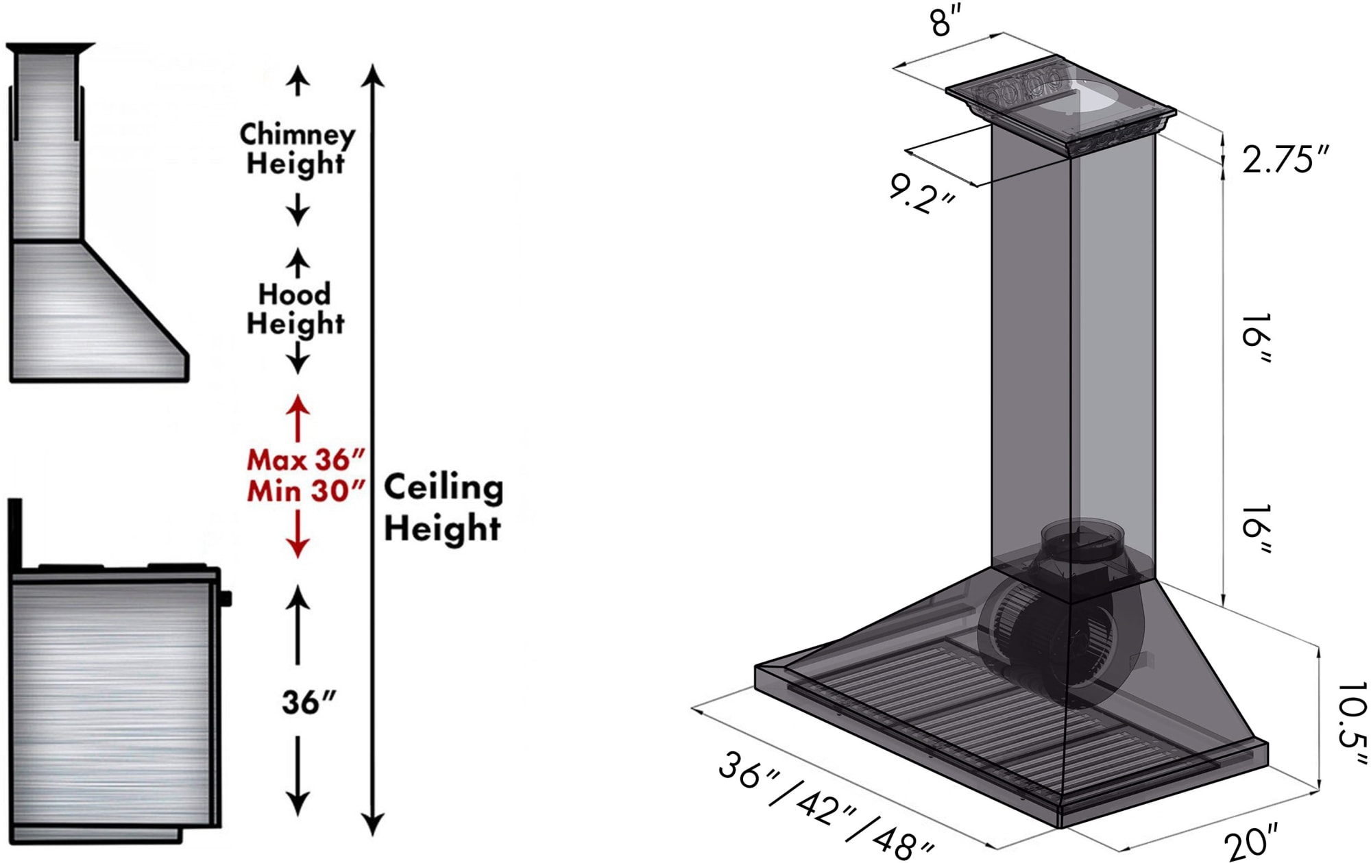 ZLINE KBCRNBT36 Wall Mount Range Hood with 4Speed 400 CFM Motor, Push