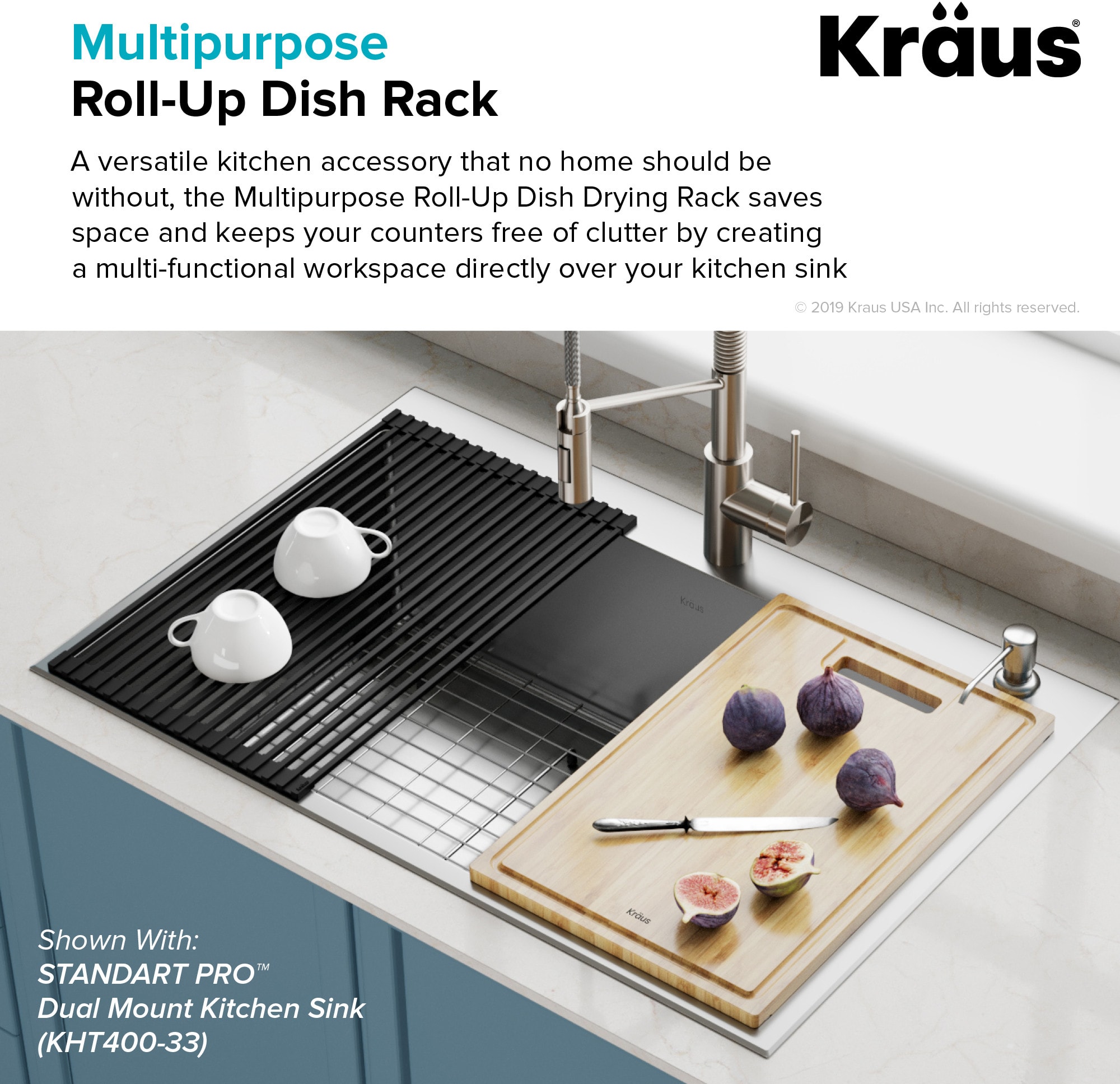 Kraus KRM10BLACK Black Multipurpose Over Sink RollUp Dish Drying Rack