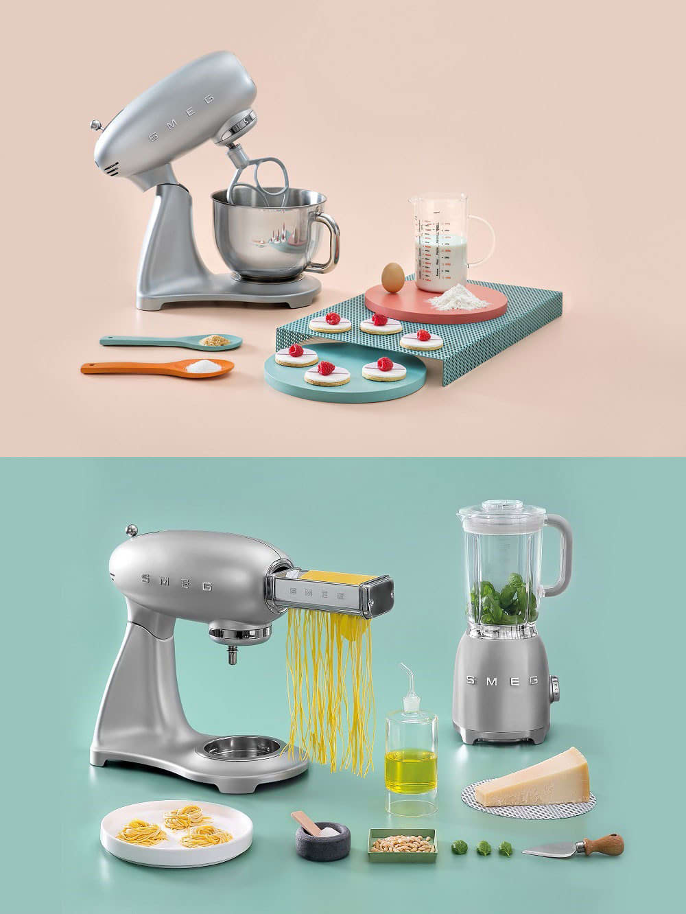 Smeg SMF01SVUS Countertop Stand Mixer with 10 Speeds, 3 Attachments Included, Action