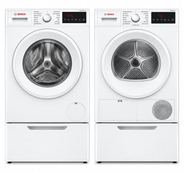 Bosch 300 Series BOWADREUC144002 - Side-by-Side on Pedestals Front Load Washer and Electric Dryer Set in White
