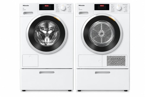 Miele MIWADRECS1613 - Side by Side on Pedestals Washer & Dryer Set with Front Load Washer & Electric Smart Pump Dryer in Lotus White