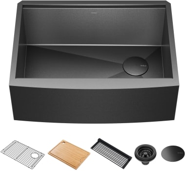Kraus KWF21027PGM - Workstation 27  Farmhouse Apron Front 16 Gauge Black Stainless Steel Single Bowl Kitchen Sink in PVD Gunmetal Finish with Accessories