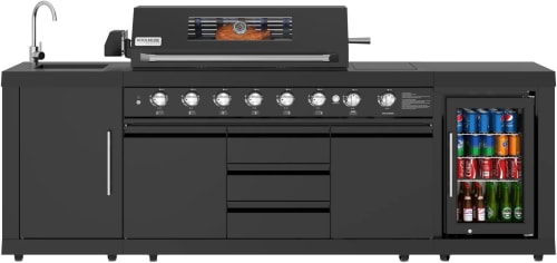 Koolmore KMOKSBQHUBBK - Reserve Outdoor Kitchen Island with 6 Burner Grill, Sink, Storage Cabinet and Beverage Refrigerator in Black