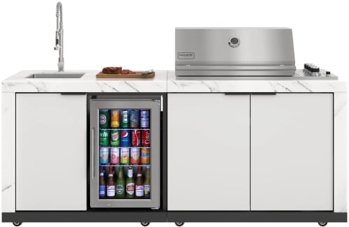 Koolmore KMOKS3585 - 83 in. Outdoor Kitchen Suite with White Stone Counters and Sides, 4-Burner Grill, Stainless Steel Sink and Faucet