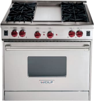 Wolf R364GLP 36 Inch Pro Style Gas Range with 4 Dual Brass Open