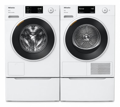 Miele MIWADREWCS2804 - Side by Side on Pedestals with Washer & Dryer with Front Load Washer & Heat Pump Dryer in White