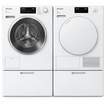 Miele MIWADREWCS9804 - Side by Side on Pedestals with Washer & Dryer with Front Load Washer & Heat Pump Dryer in White