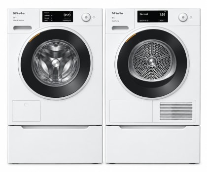 Miele MIWADRECS16011 - Side-by-Side on Storage Drawer Pedestal Washer & Dryer Set with Front Load Washer and Smart Electric Heat Pump Dryer in Lotus White