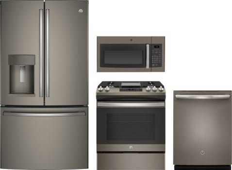 Ge Gereradwmw7390 4 Piece Kitchen Appliances Package With French Door Refrigerator Gas Range Dishwasher And Over The Range Microwave In Slate
