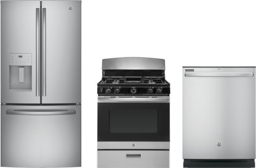 Ge Gereradw258 3 Piece Kitchen Appliances Package With French Door Refrigerator Gas Range And Dishwasher In Stainless Steel