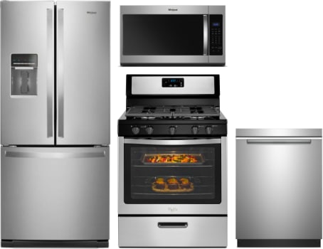 Whirlpool Wpreradwmw8255 4 Piece Kitchen Appliances Package With French Door Refrigerator Gas Range Dishwasher And Over The Range Microwave In Stainless Steel