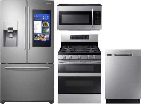 Samsung Sareradwmw2343 4 Piece Kitchen Appliances Package With French Door Refrigerator Gas Range Dishwasher And Over The Range Microwave In Stainless Steel