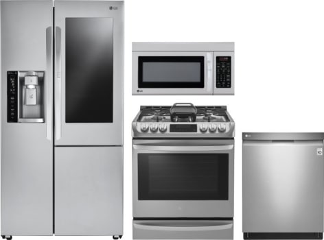Lg Lgreradwmw9279 4 Piece Kitchen Appliances Package With Side By Side Refrigerator Gas Range Dishwasher And Over The Range Microwave In Stainless Steel