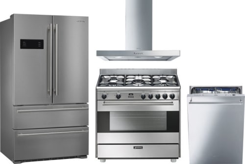 Smeg Smreradwrh28 4 Piece Kitchen Appliances Package With French Door Refrigerator Dual Fuel Range And Dishwasher In Stainless Steel