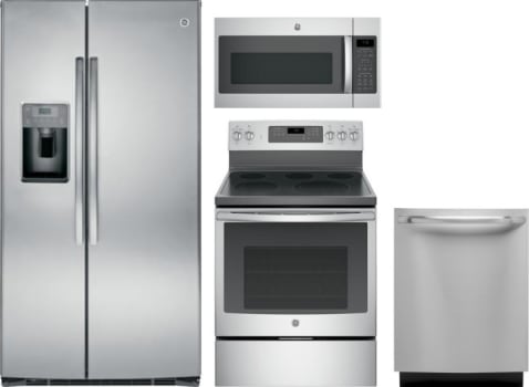 Ge Gereradwmw10897 4 Piece Kitchen Appliances Package With Side By Side Refrigerator Electric Range Dishwasher And Over The Range Microwave In Stainless Steel