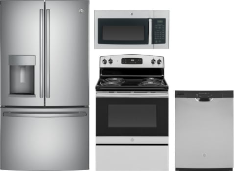 Ge Gereradwmw11157 4 Piece Kitchen Appliances Package With French Door Refrigerator Electric Range Dishwasher And Over The Range Microwave In Stainless Steel