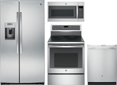 Ge Gereradwmw12268 4 Piece Kitchen Appliances Package With Side By Side Refrigerator Electric Range Dishwasher And Over The Range Microwave In Stainless Steel