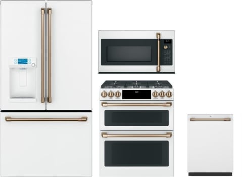 Cafe Cafreradwmw287 4 Piece Kitchen Appliances Package With French Door Refrigerator Dual Fuel Range Dishwasher And Over The Range Microwave In Matte White